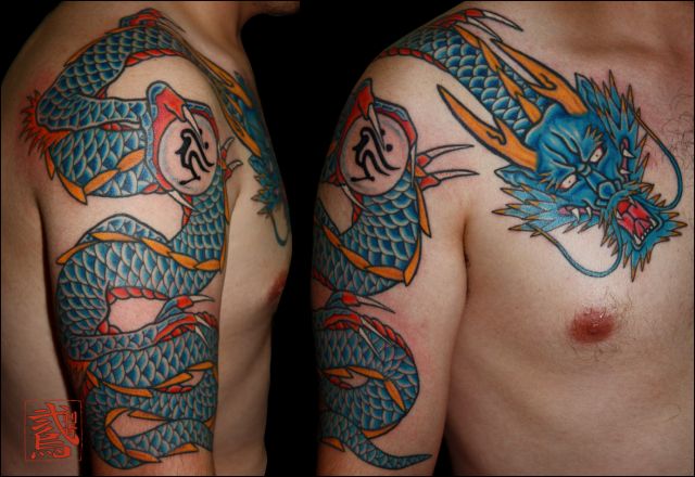 腕,胸,梵字,龍,玉,青タトゥー/刺青デザイン画像