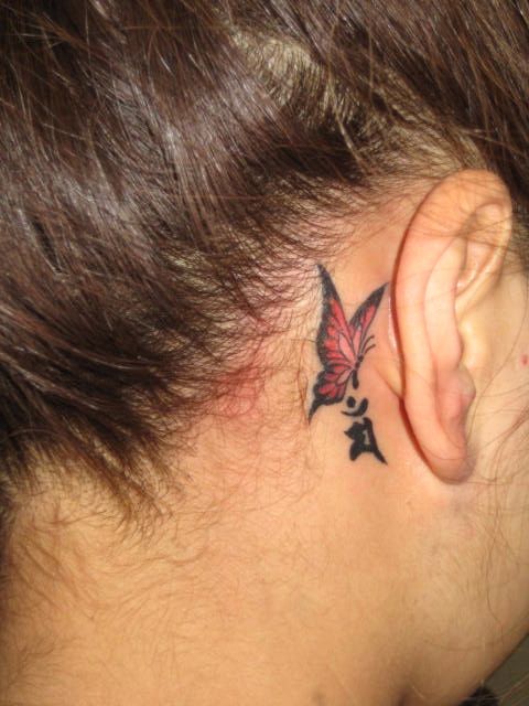 耳,バタフライ,カラータトゥー/刺青デザイン画像