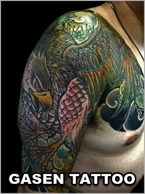 太鼓,五分袖,鳥タトゥー/刺青デザイン画像