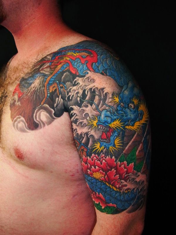 太鼓,五分袖,富士山,龍,牡丹,花タトゥー/刺青デザイン画像
