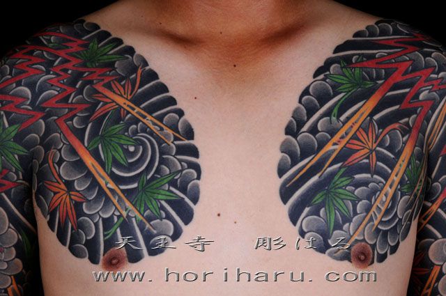 腕,二の腕,男性,紅葉,額,五分袖,胸,カラータトゥー/刺青デザイン画像