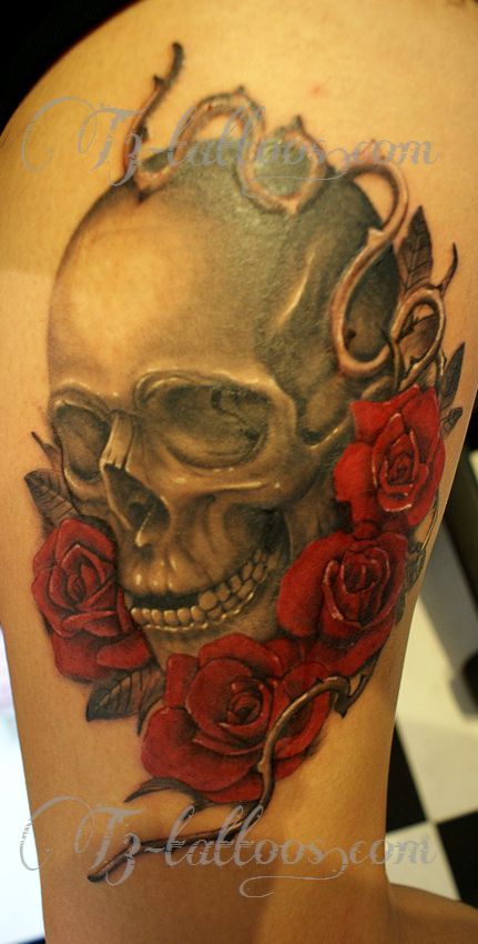 腕,薔薇,スカルタトゥー/刺青デザイン画像
