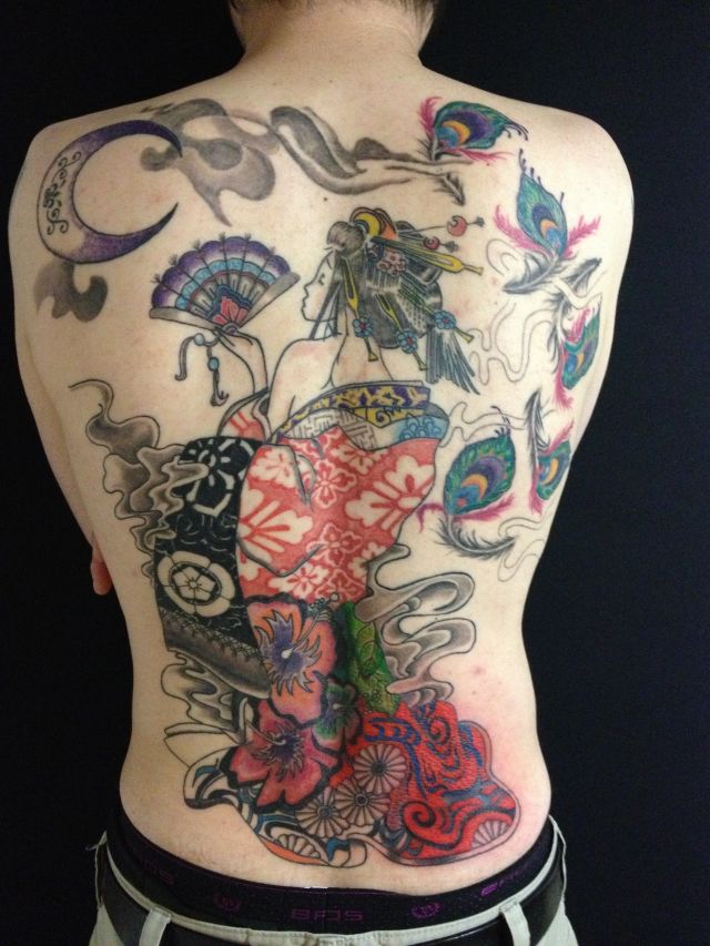背中,人物,抜き,花魁,カラータトゥー/刺青デザイン画像