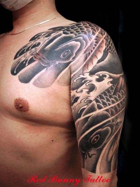 腕,肩,胸,鯉,額,ブラック＆グレイ,ブラック＆グレー,烏彫りタトゥー/刺青デザイン画像