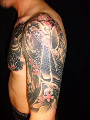 鯉,腕,桜タトゥー/刺青デザイン画像