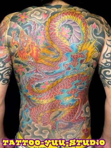 背中,額,龍,桜タトゥー/刺青デザイン画像