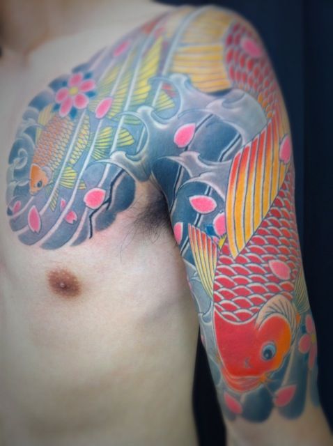 太鼓,五分袖,金魚,桜,花タトゥー/刺青デザイン画像