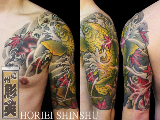 腕,鯉,金魚,蛙,紅葉,カラータトゥー/刺青デザイン画像