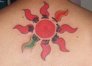 背中,太陽,文字,カラータトゥー/刺青デザイン画像