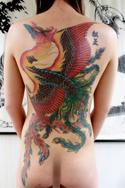 背中,鳳凰,カラータトゥー/刺青デザイン画像