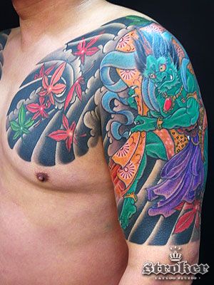 紅葉,鬼,太鼓,五分袖タトゥー/刺青デザイン画像