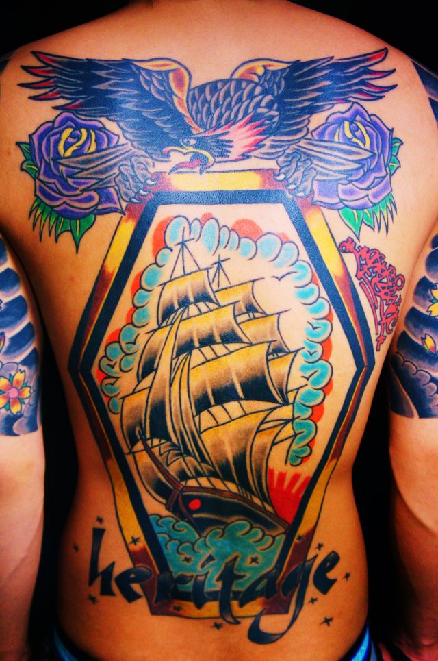 背中,ニュースクール,鳥,薔薇,船,文字タトゥー/刺青デザイン画像