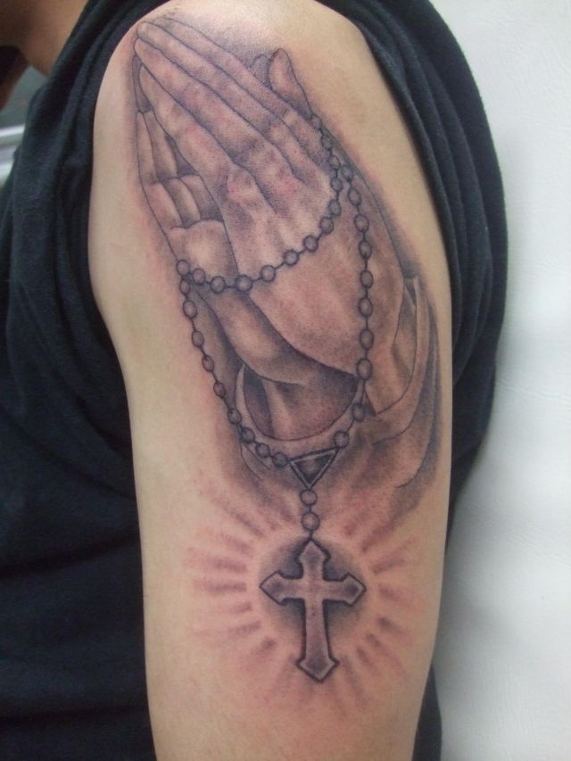 祈り,腕,クロス,ブラック＆グレー,十字架,宗教,拝手タトゥー/刺青デザイン画像
