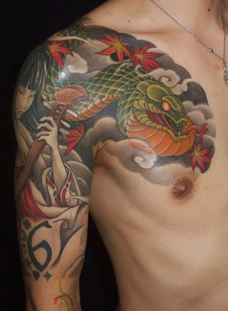 蛇,カラー,腕タトゥー/刺青デザイン画像