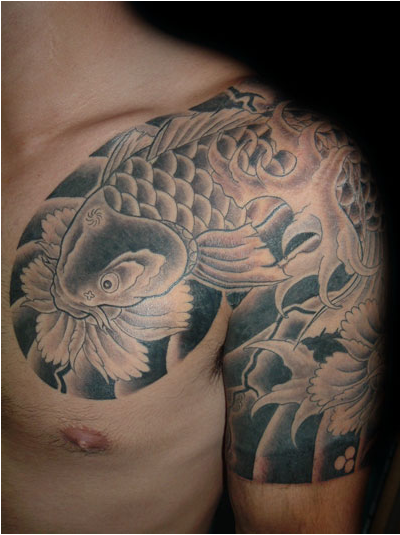 太鼓,鯉,花,ブラック＆グレータトゥー/刺青デザイン画像