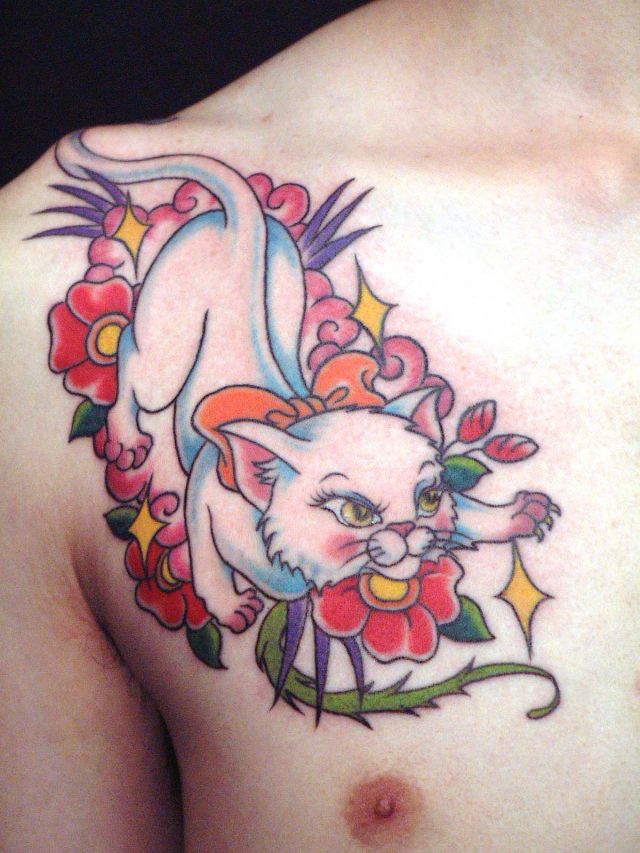 動物,猫,胸,カラフルタトゥー/刺青デザイン画像