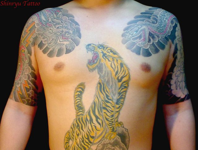 龍,蛇,太鼓,虎,五分袖,カラータトゥー/刺青デザイン画像
