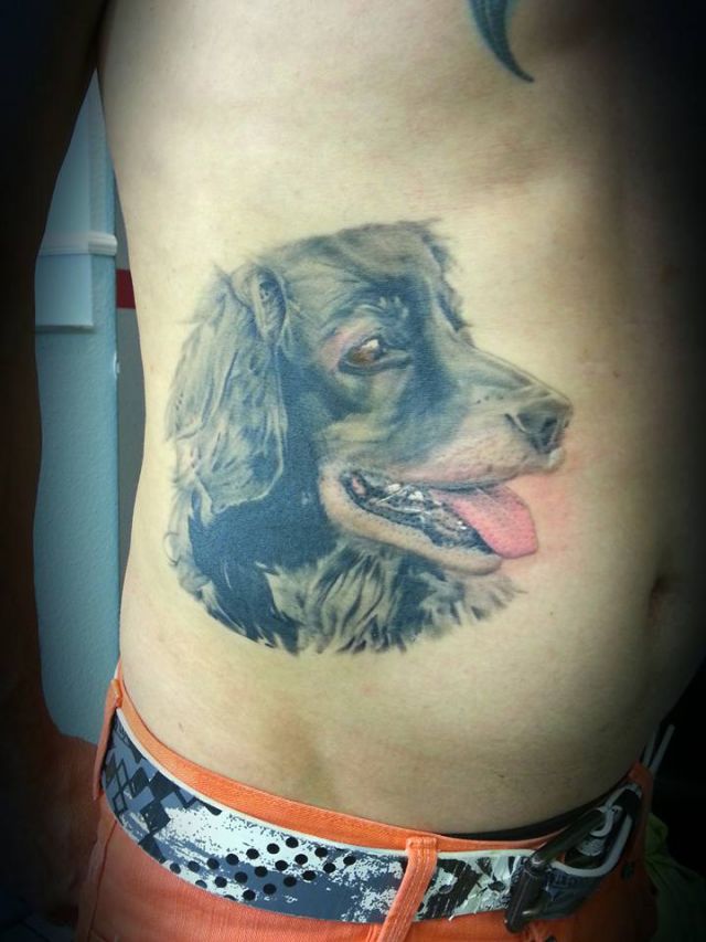 腹,犬,ブラック＆グレイ,ブラック＆グレー,カラータトゥー/刺青デザイン画像