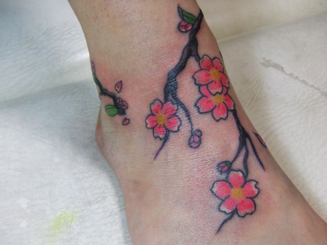 桜,足,カラータトゥー/刺青デザイン画像