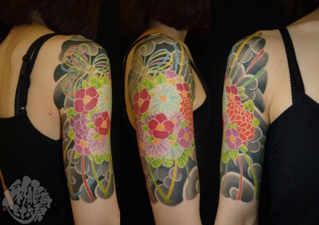 腕,肩,女性,二の腕,肩腕,フラワー,牡丹,花,カラー,カラフルタトゥー/刺青デザイン画像