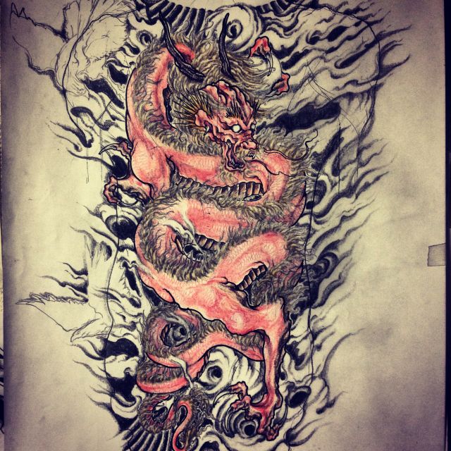 背中,龍,カラータトゥー/刺青デザイン画像