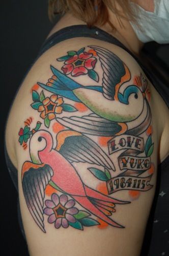 ツバメ,女性,腕タトゥー/刺青デザイン画像