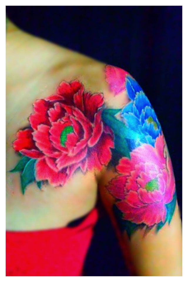 牡丹,カラー,腕タトゥー/刺青デザイン画像
