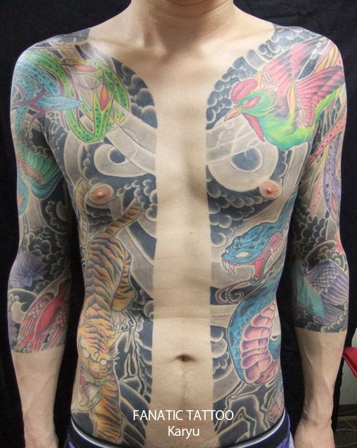 胸割り,鳳凰,蛇,虎,動物タトゥー/刺青デザイン画像