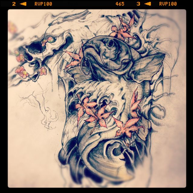 背中,鯉,紅葉,カラータトゥー/刺青デザイン画像