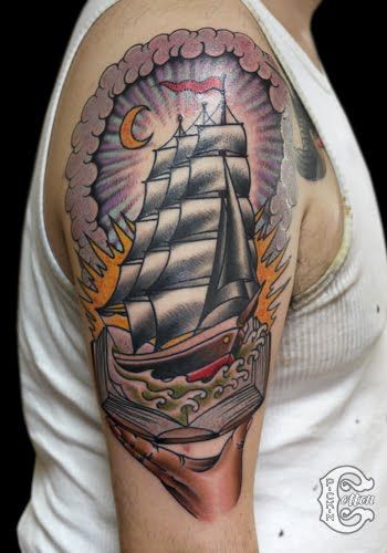腕,船タトゥー/刺青デザイン画像