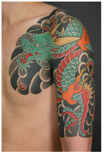 太鼓,五分袖,龍タトゥー/刺青デザイン画像