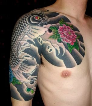 胸,腕,鯉,牡丹,太鼓,カラータトゥー/刺青デザイン画像