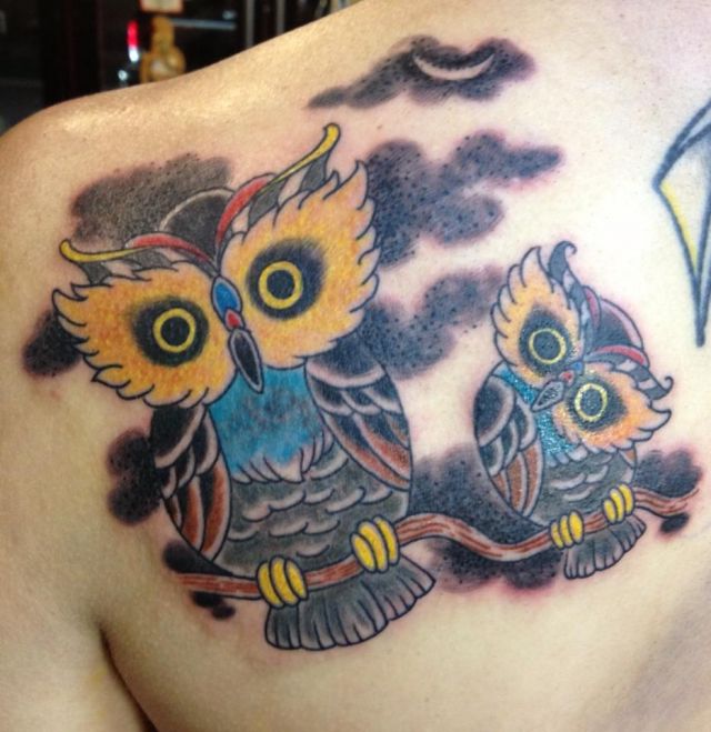 背中,梟,鳥,カラータトゥー/刺青デザイン画像