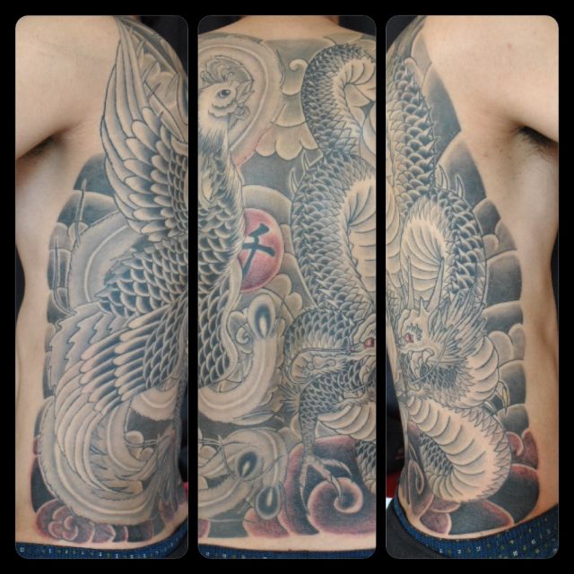 背中,男性,龍,額,鳳凰,背中額,烏彫りタトゥー/刺青デザイン画像