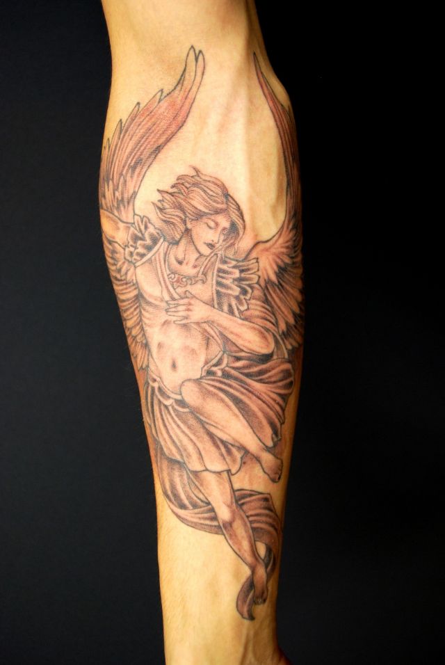 腕,天使,ブラック＆グレータトゥー/刺青デザイン画像