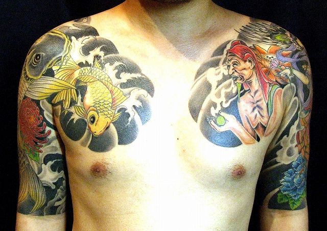 太鼓,五分袖,金魚,鯉,人物,牡丹タトゥー/刺青デザイン画像