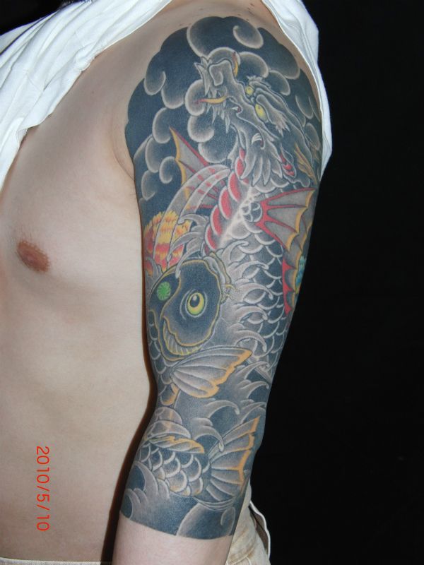鯉,龍魚,七分袖タトゥー/刺青デザイン画像