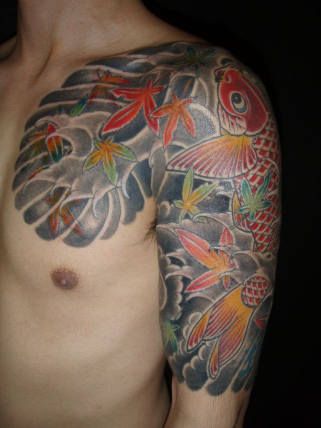 太鼓,五分袖,鯉,紅葉タトゥー/刺青デザイン画像
