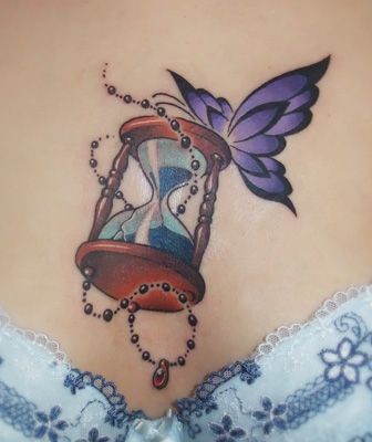 蝶,砂時計,カラータトゥー/刺青デザイン画像
