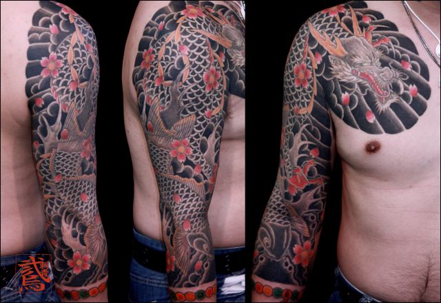 腕,胸,龍,桜タトゥー/刺青デザイン画像