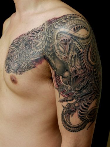 腕,二の腕,蛇,般若,五分袖,胸,ブラック＆グレイタトゥー/刺青デザイン画像
