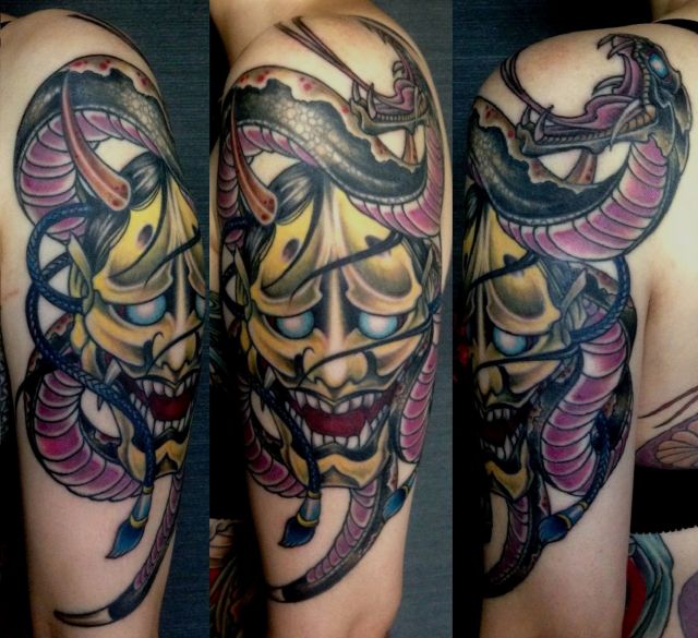 腕,蛇,般若,般若面,カラー,カラフルタトゥー/刺青デザイン画像