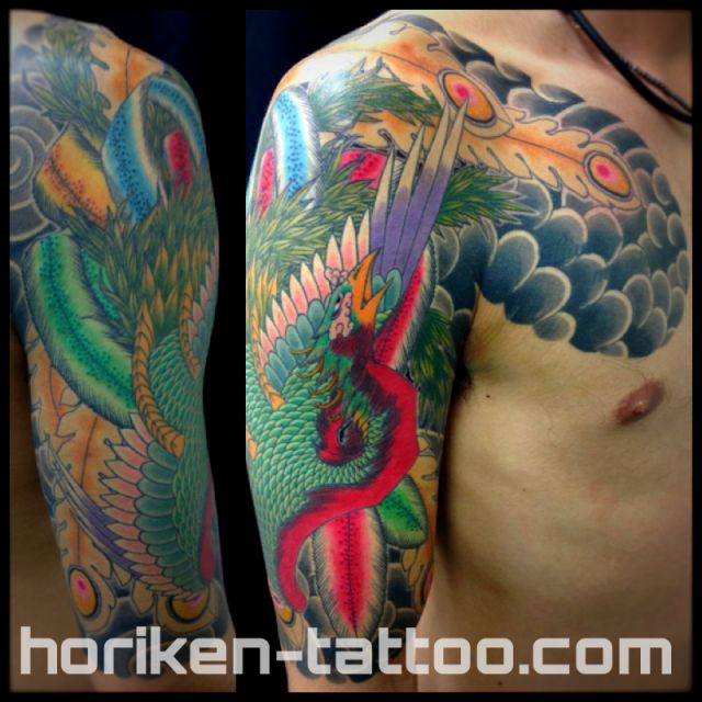 鳳凰,カラー,胸,腕タトゥー/刺青デザイン画像