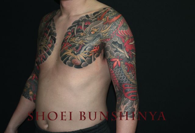 腕,肩,二の腕,男性,龍,紅葉,額,太鼓,カラータトゥー/刺青デザイン画像