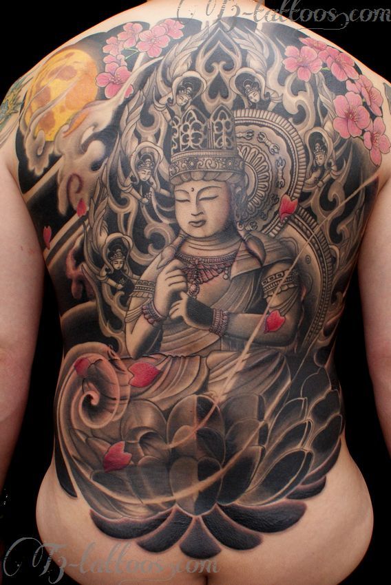 背中,月,桜,カラータトゥー/刺青デザイン画像