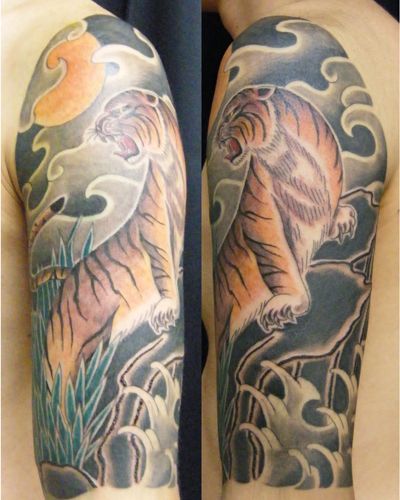 五分袖,虎,動物タトゥー/刺青デザイン画像