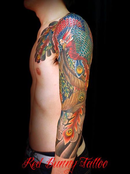 腕,肩,胸,男性,額,鳳凰,カラータトゥー/刺青デザイン画像