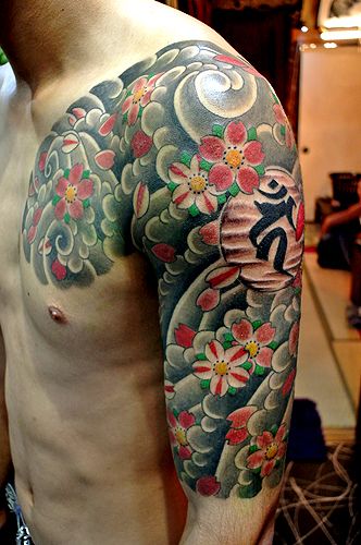 太鼓,五分袖,桜,梵字タトゥー/刺青デザイン画像