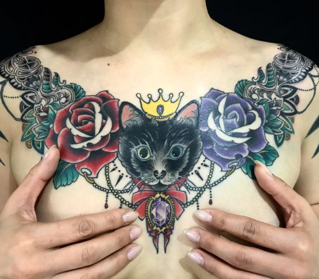 胸,薔薇,招き猫,猫,化け猫,カラータトゥー/刺青デザイン画像