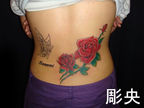 腰,女性,バラ,カラータトゥー/刺青デザイン画像